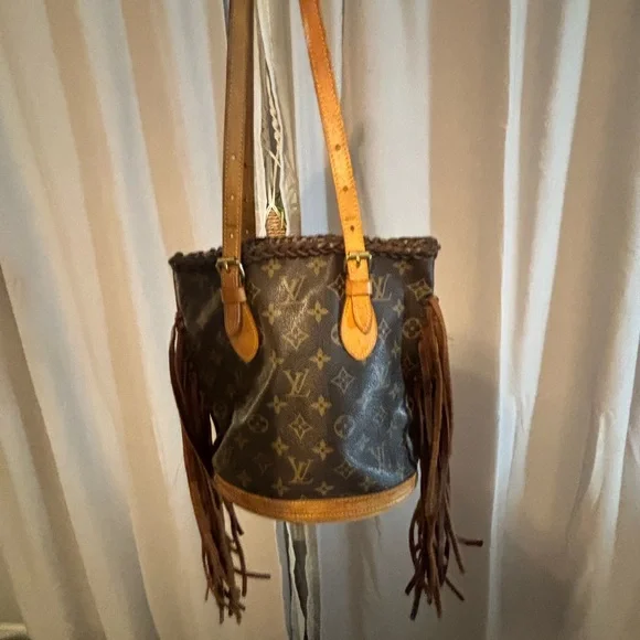 Upcycled Louis Vuitton Black and Brown Monogram Fringe Festival Bag - Picture 2 of 7